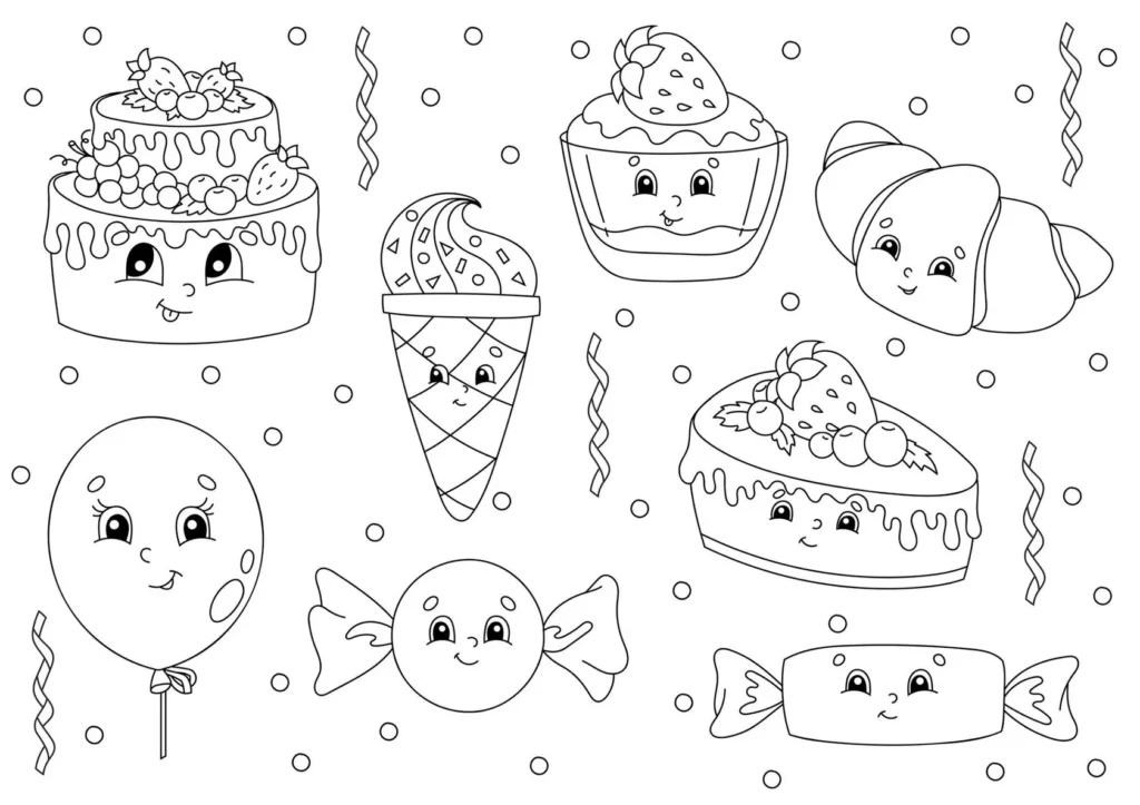 Desenhos de comida rápida para colorir: bolo, cupcake, croissant, sorvete e balas.