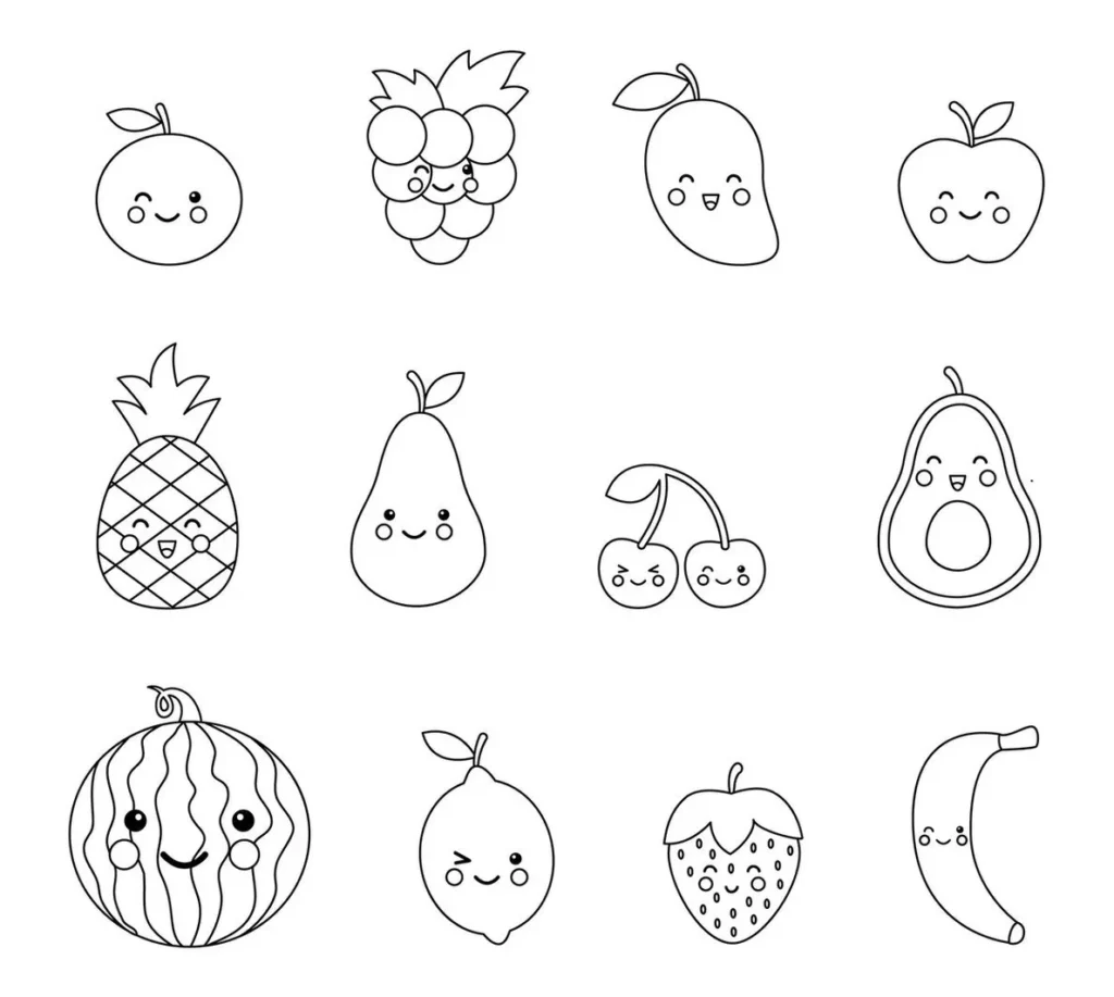 Desenhos de frutas divertidas para colorir: laranja, uvas, abacaxi, pera, cerejas, abacate, melancia, limão, morango e banana.