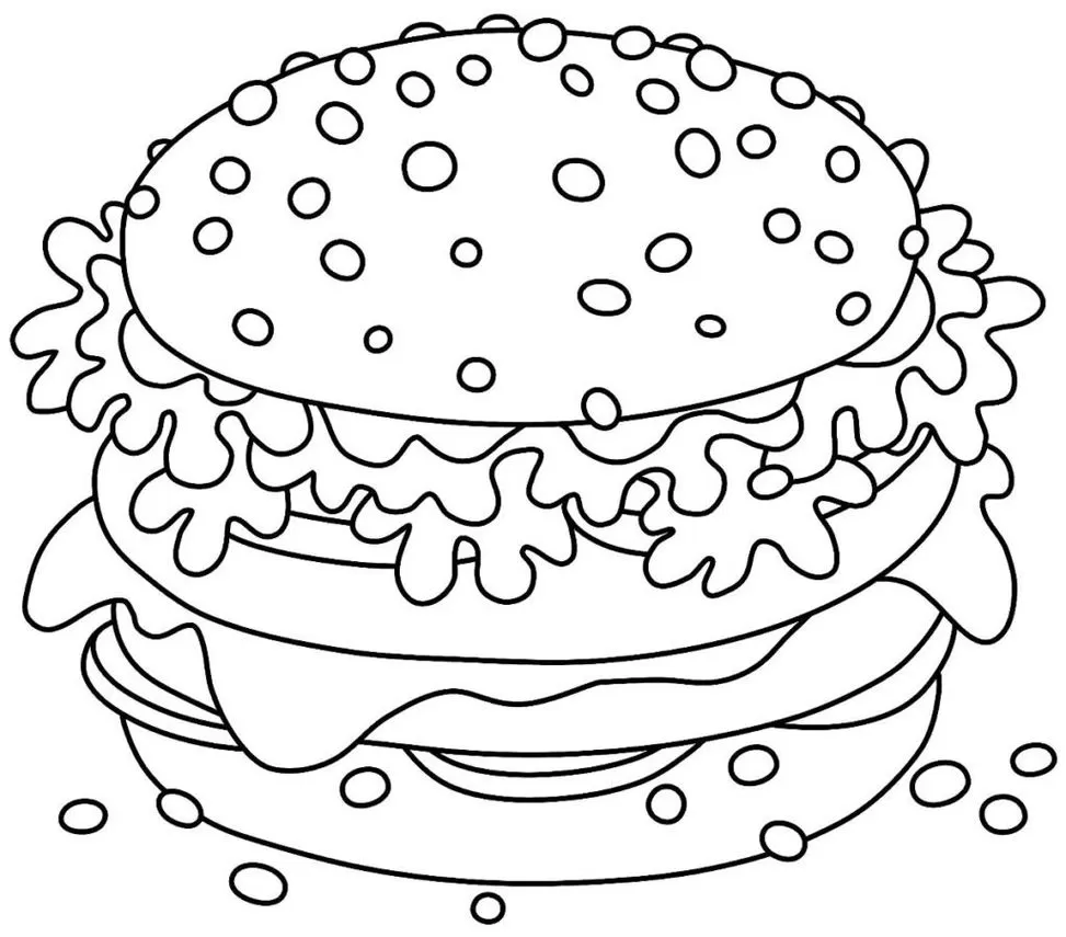 Hambúrguer apetitoso para colorir. Pão com sementes, alface fresca e queijo derretido.