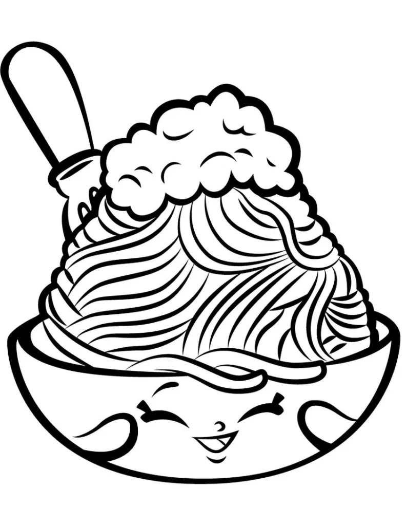 Desenho de macarrão sorridente para colorir. Prato com queijo e garfo.