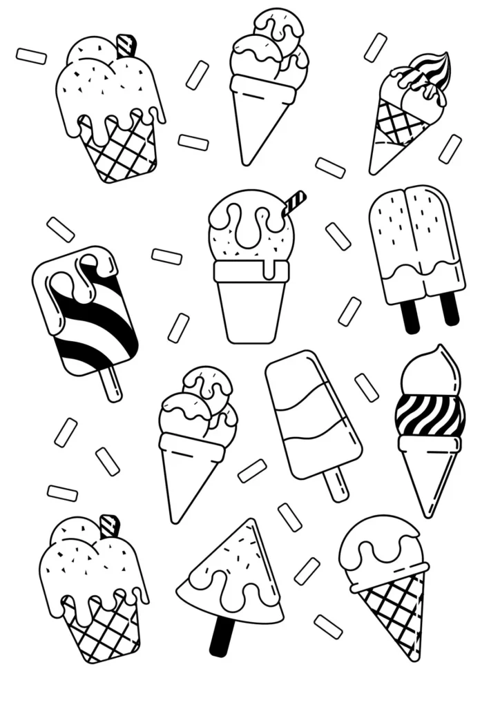 Desenhos de picolés e sorvetes para colorir: guloseimas geladas em cone e pote, com formatos variados e listras.