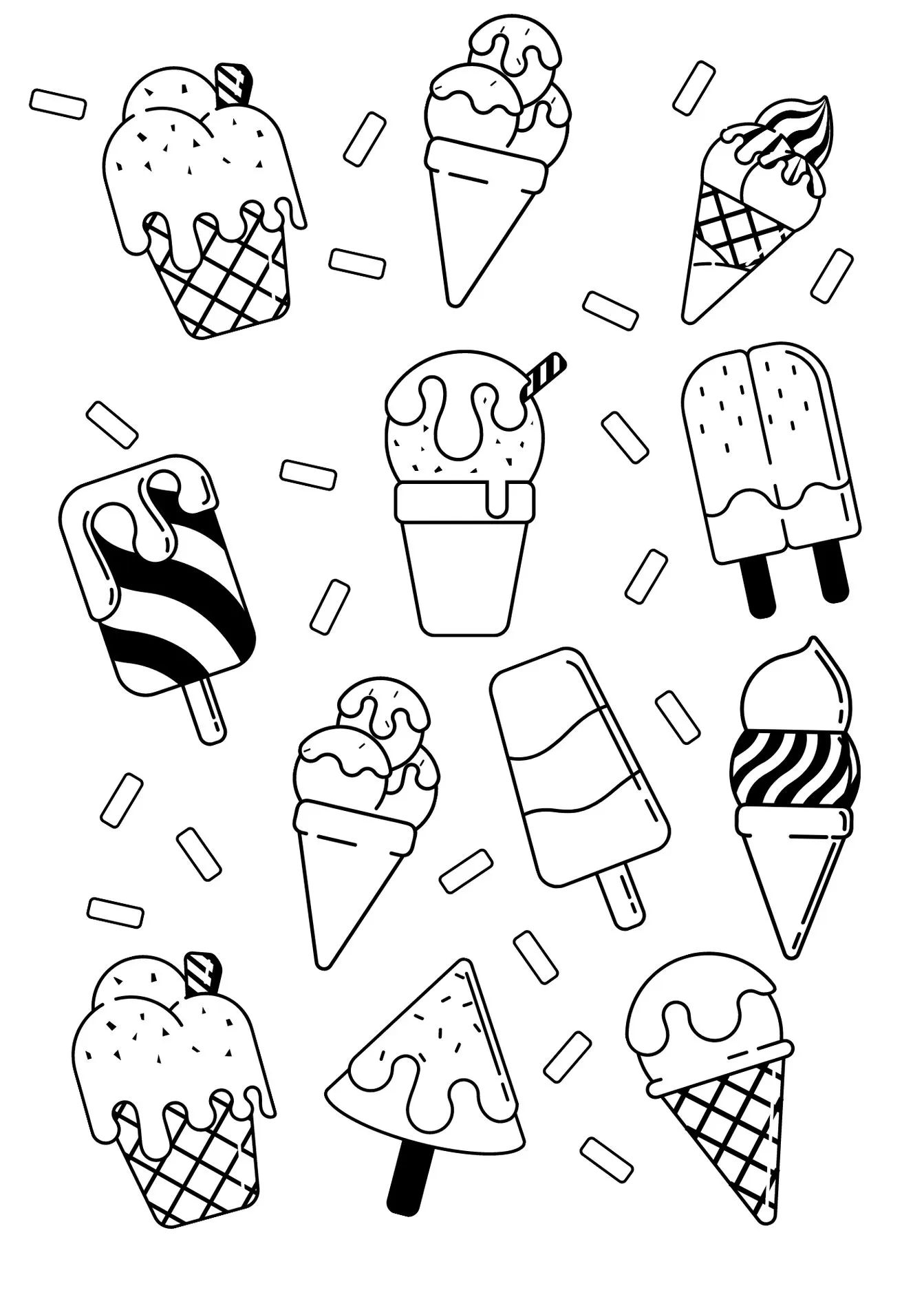 Desenhos de picolés e sorvetes para colorir: guloseimas geladas em cone e pote, com formatos variados e listras.