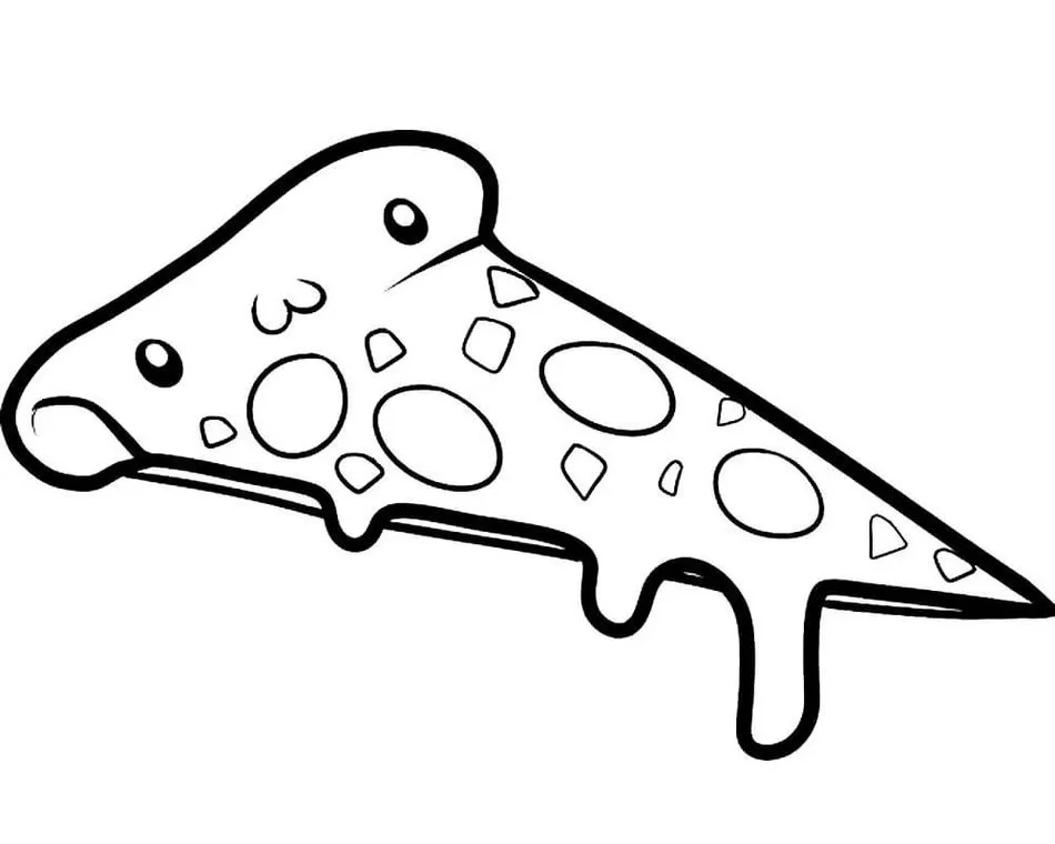 Desenho de pizza com pepperoni para colorir. Fatia com queijo derretido e número '3' na borda.