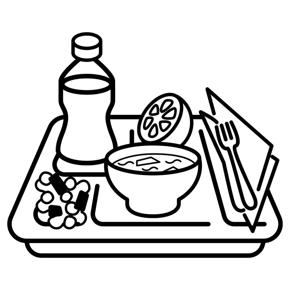 Desenho de sopa para colorir: bandeja com tigela, bebida e acompanhamentos.