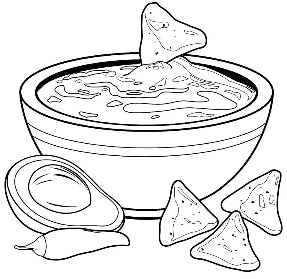 Desenho de comida para colorir: tigela de guacamole com tortilha, abacate e pimenta.