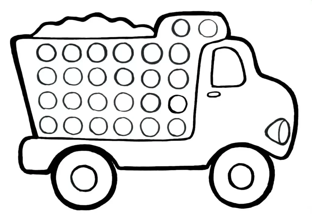 Desenho de caminhão Pop It para colorir. Caçamba e cabine decoradas com círculos, ideal para crianças.