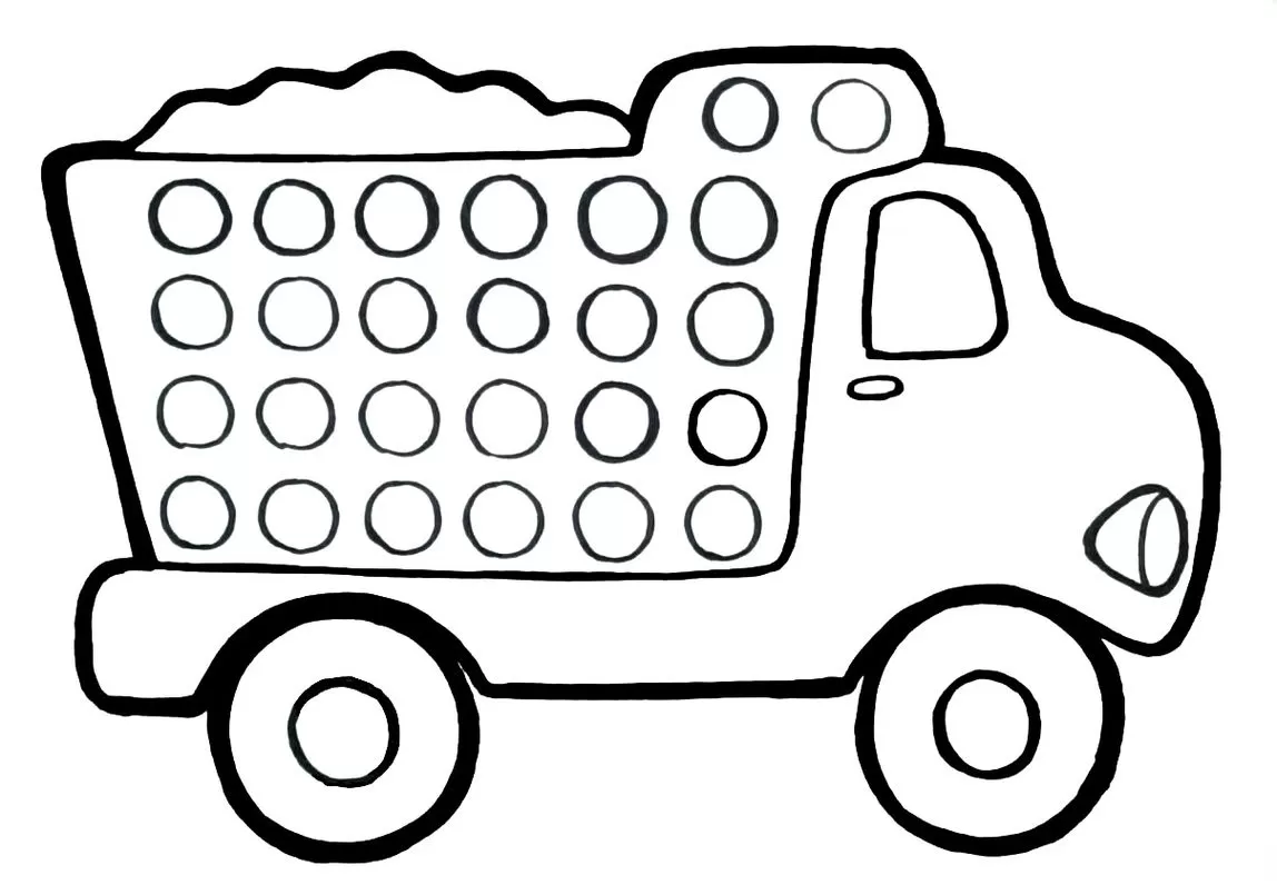 Desenho de caminhão Pop It para colorir. Caçamba e cabine decoradas com círculos, ideal para crianças.