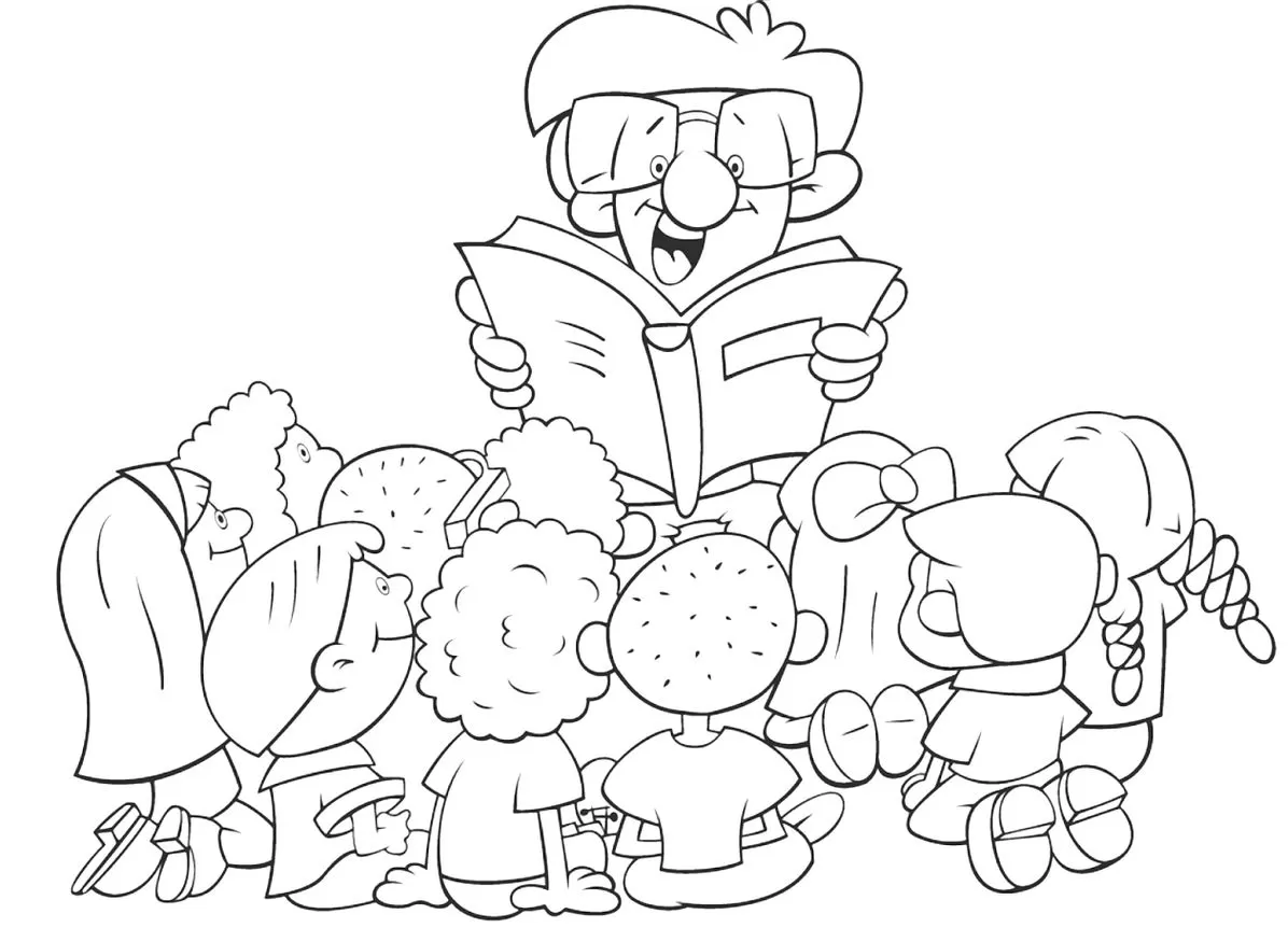 Desenhos de Professores para colorir Contando História Professor animado lendo história para crianças: desenho para colorir.