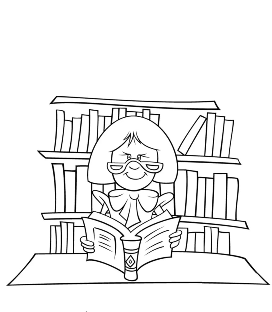 Professora de desenho animado lendo livro em meio a livros, pronta para colorir.
