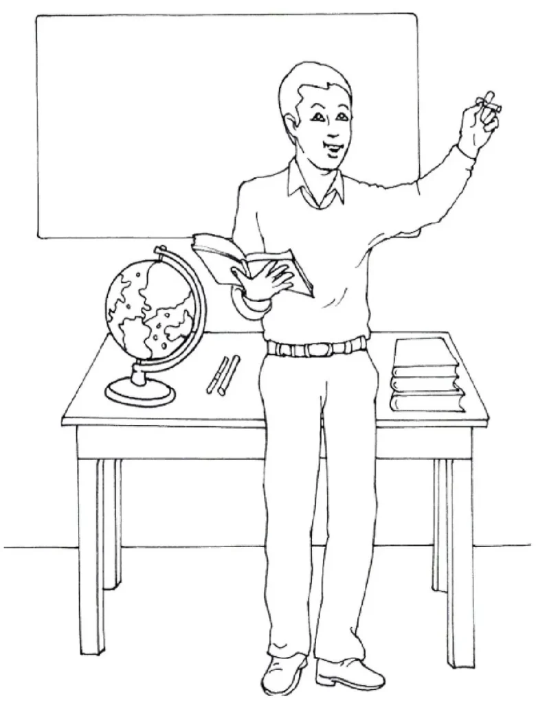 Professor de Geografia para colorir em sala de aula com globo e livros.
