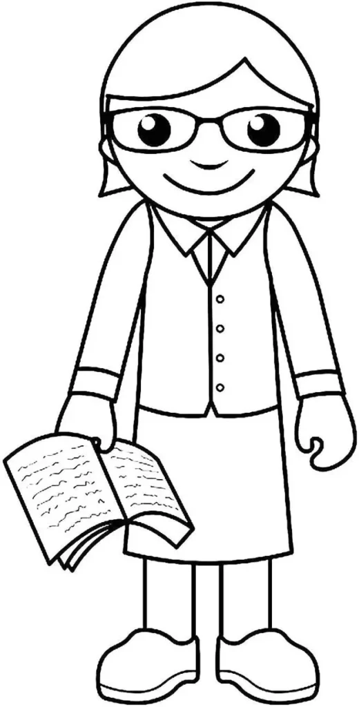 Professora com livro para colorir. Desenho simples de uma educadora sorridente segurando um livro aberto, ideal para atividades de pintura.