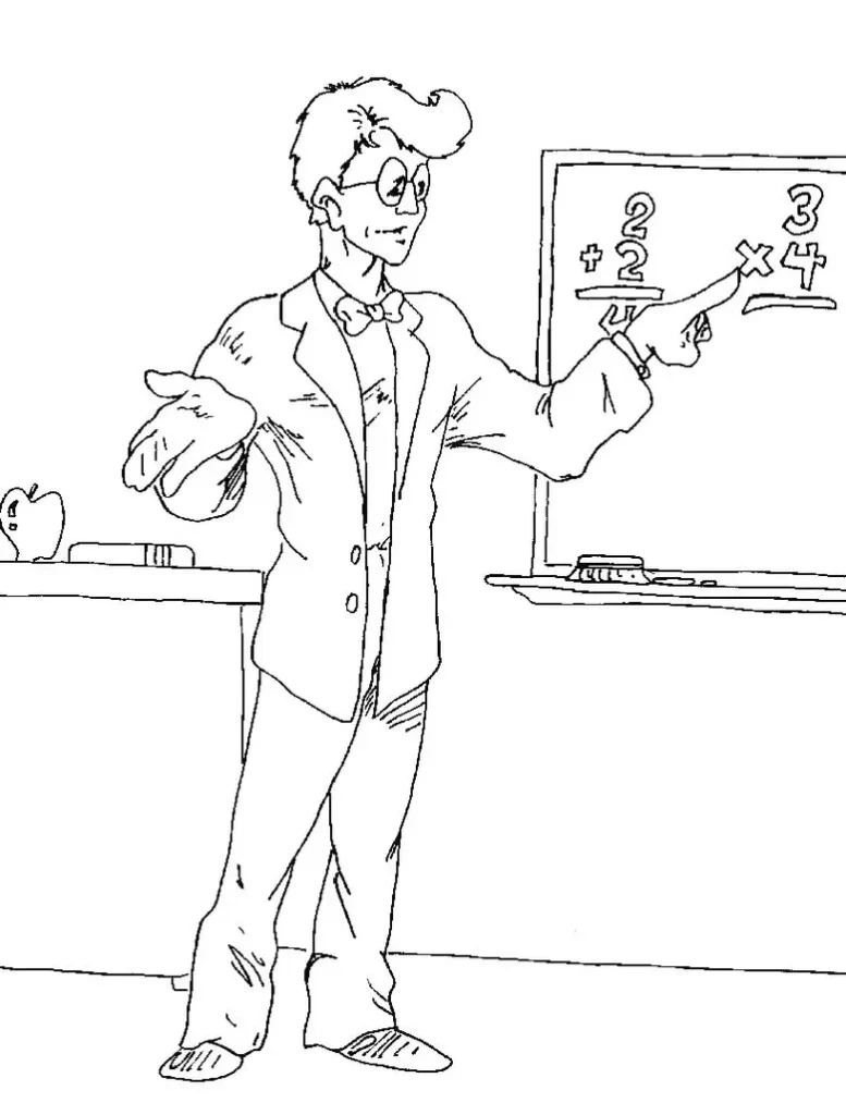 Professor de matemática para colorir, ensinando em sala de aula com quadro e operações.