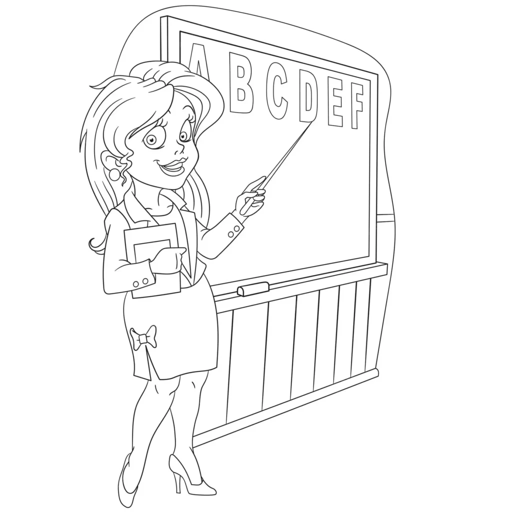 Professora de português para colorir: desenho divertido com alfabeto no quadro.