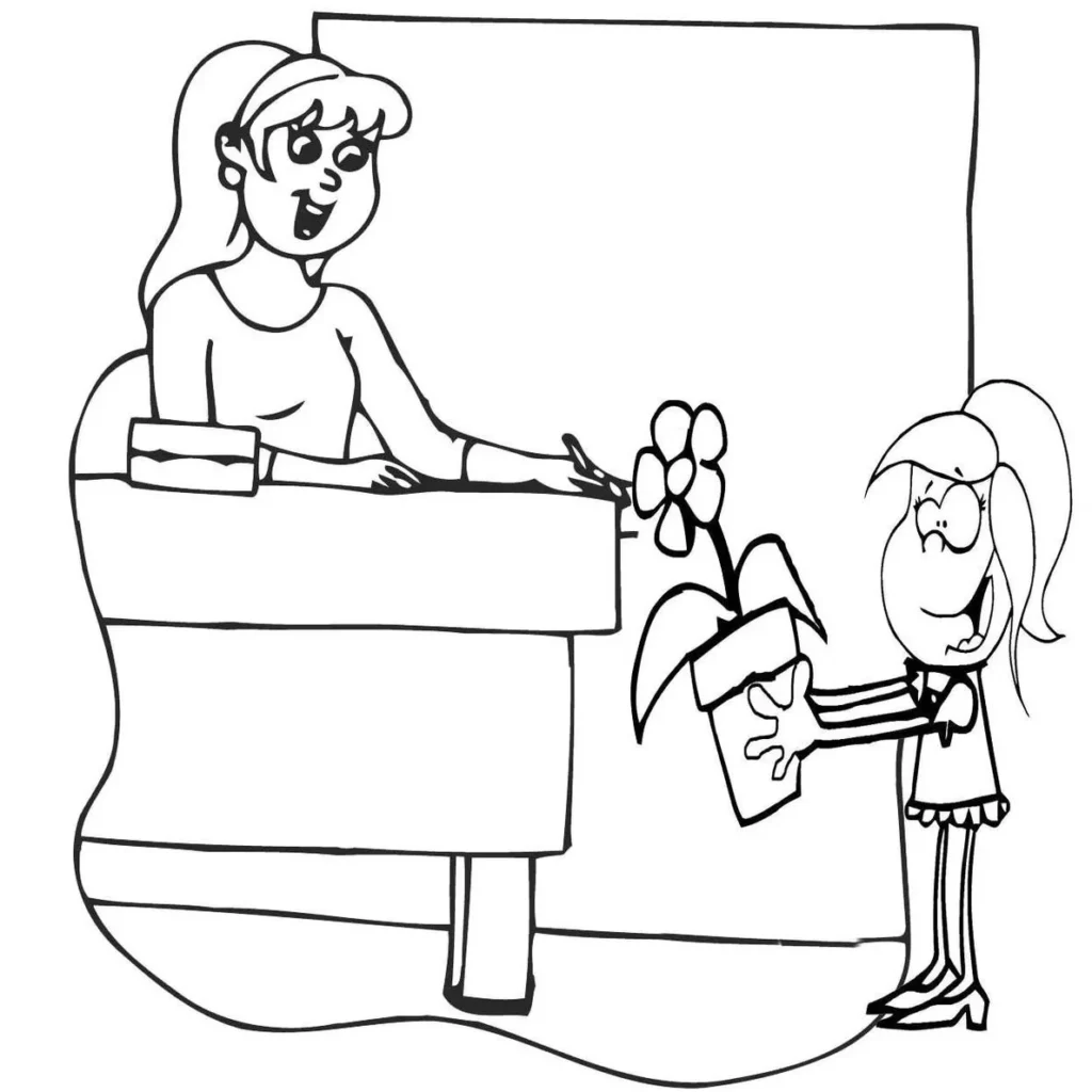 Professora recebe flor de aluna em desenho para colorir.