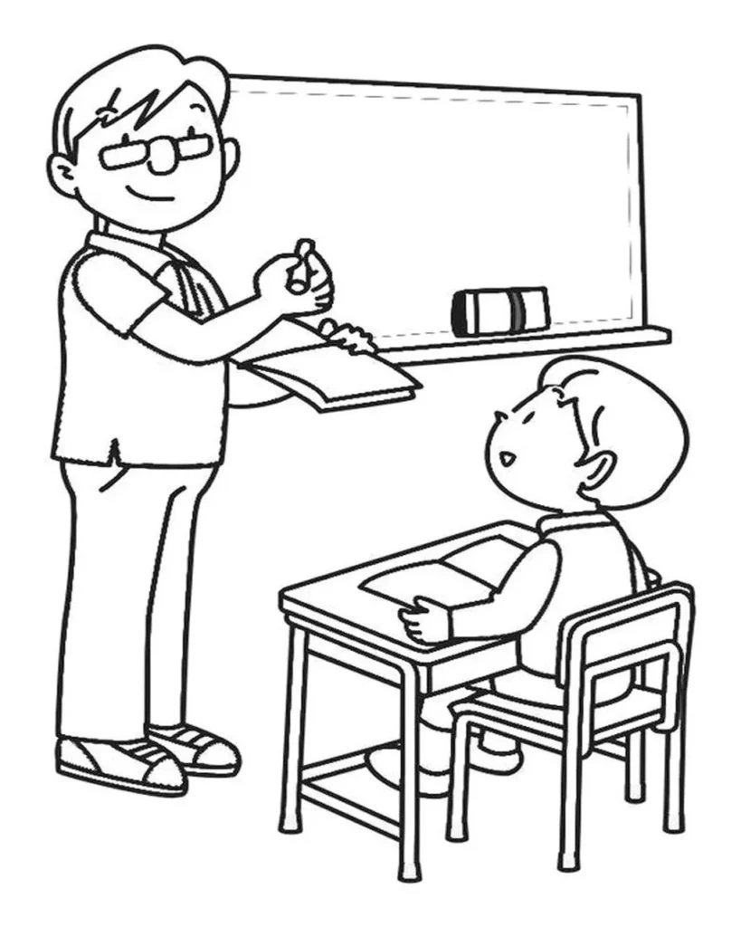 Professor ensinando em sala de aula: desenho para colorir com aluno e quadro.