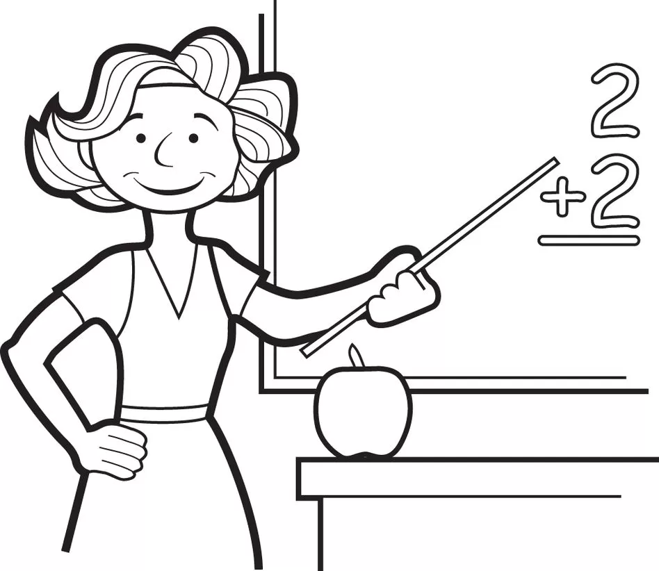 Professora sorridente ensinando adição em desenho para colorir