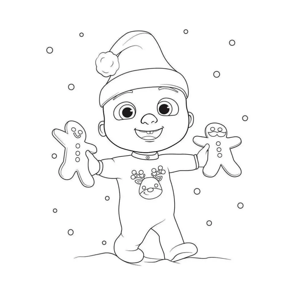 Desenhos do Cocomelon para colorir Biscoitos de Natal Cocomelon: Bebê com gorro de Papai Noel e biscoitos de gengibre para colorir.