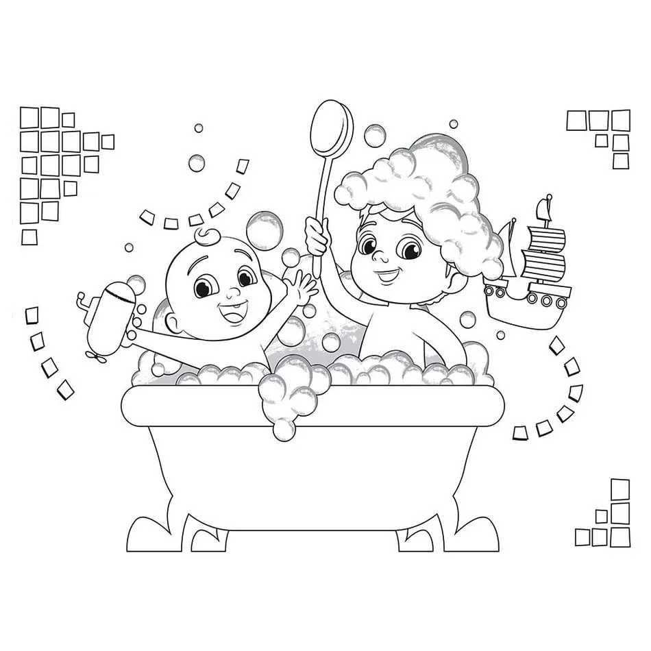 Desenhos do Cocomelon para colorir Tomando Banho Cocomelon para colorir: crianças brincando na banheira com espuma, submarino e barco.