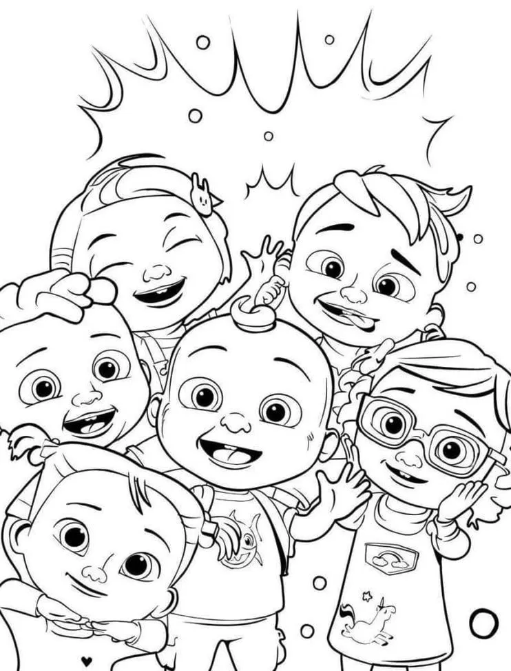 Desenhos do Cocomelon para colorir Turminha Cocomelon Turminha: Desenho para colorir com bebês alegres e sorridentes.