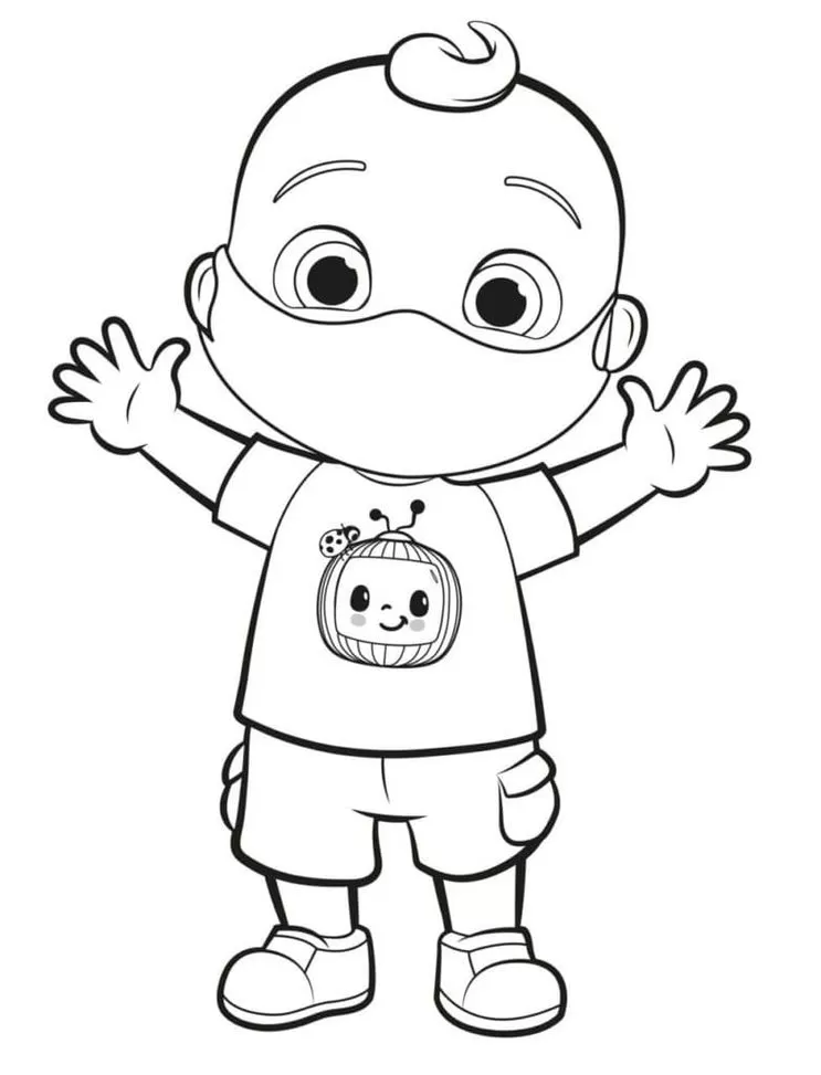 Desenhos do Cocomelon para colorir Usando Máscara Bebê Cocomelon sorrindo e usando máscara facial, pronto para colorir.