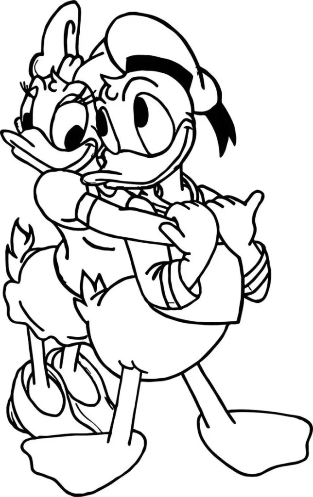 Desenho do Pato Donald e sua amada para colorir: cena romântica