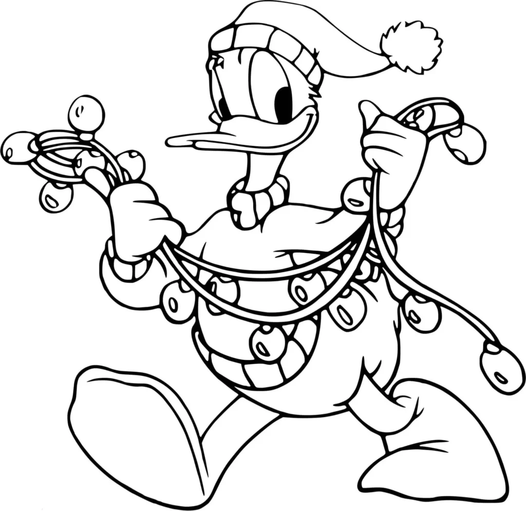 Pato Donald com gorro de Natal segurando luzes, desenho para colorir.