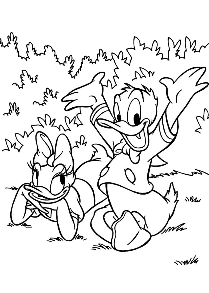 Pato Donald e Margarida felizes em desenho para colorir