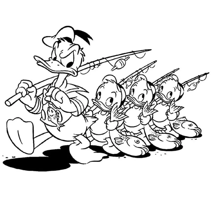 Pato Donald e seus sobrinhos Huguinho, Zezinho e Luisinho em cena de pescaria para colorir