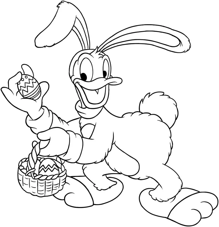 Pato Donald fantasiado de coelho da Páscoa segurando ovos decorados.