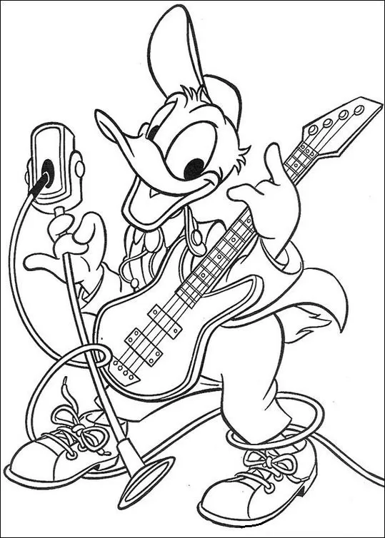 Pato Donald roqueiro: Desenho para colorir com Donald tocando guitarra elétrica e cantando.