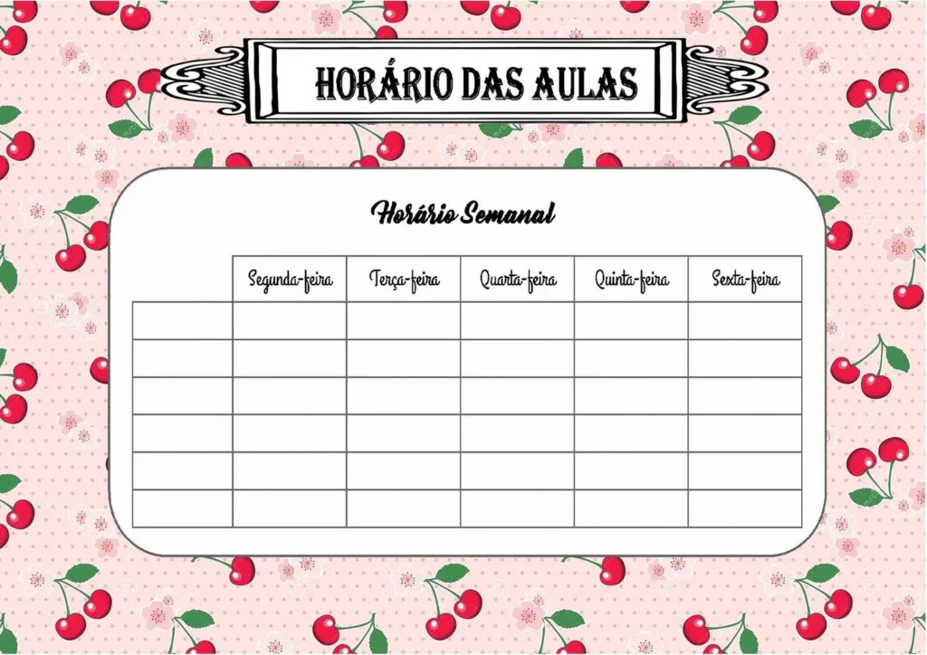 Horário de Aulas Cereja: Organize sua semana escolar com este cronograma temático.