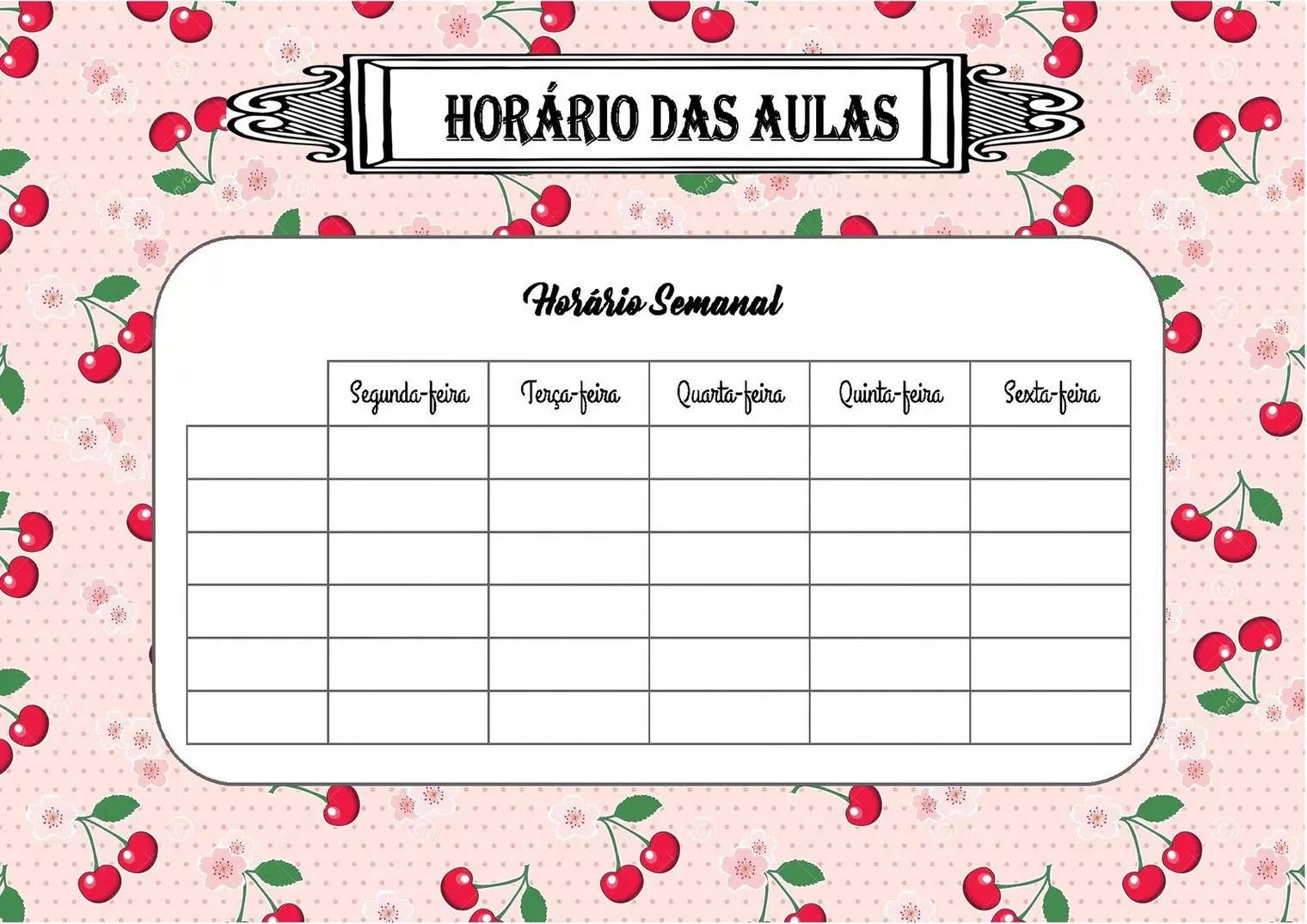 Horário de Aulas para imprimir Cronograma da Cereja Horário de Aulas Cereja: Organize sua semana escolar com este cronograma temático.