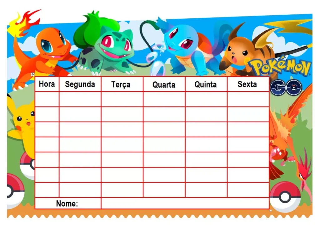 Cronograma Pokémon para aulas: organize seus horários com Charmander, Bulbasaur, Squirtle e Pikachu.