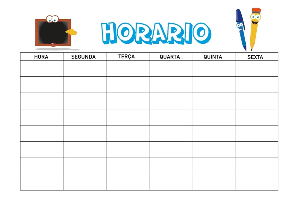 Horário de Aulas: Modelo divertido para estudantes planejarem a semana.