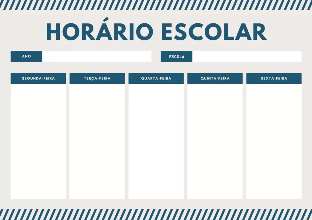 Horário escolar para preencher e organizar as aulas da semana.