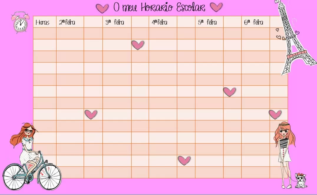 Horário de Aulas para imprimir Meu Horário Modelo de Horário Escolar Decorado para Imprimir: Organize suas aulas com charme e praticidade.
