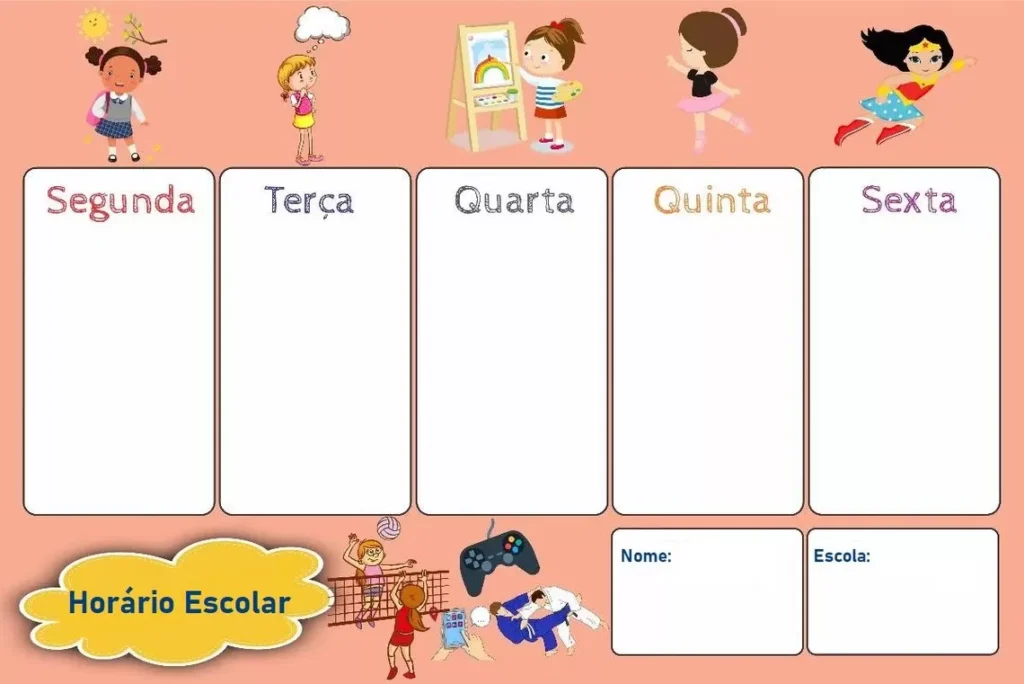 Quadro de Horário Escolar Semanal para imprimir: Planejamento com atividades diárias e espaço para nome do aluno e escola.
