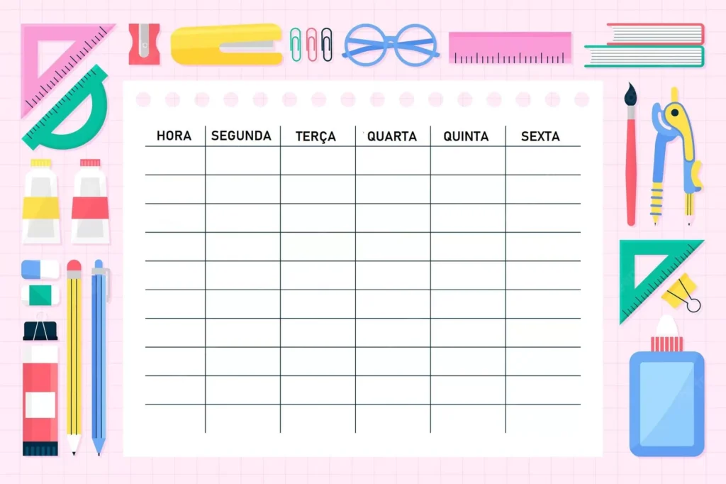 Planilha de Horário de Aulas para imprimir com fundo quadriculado rosa e materiais escolares.