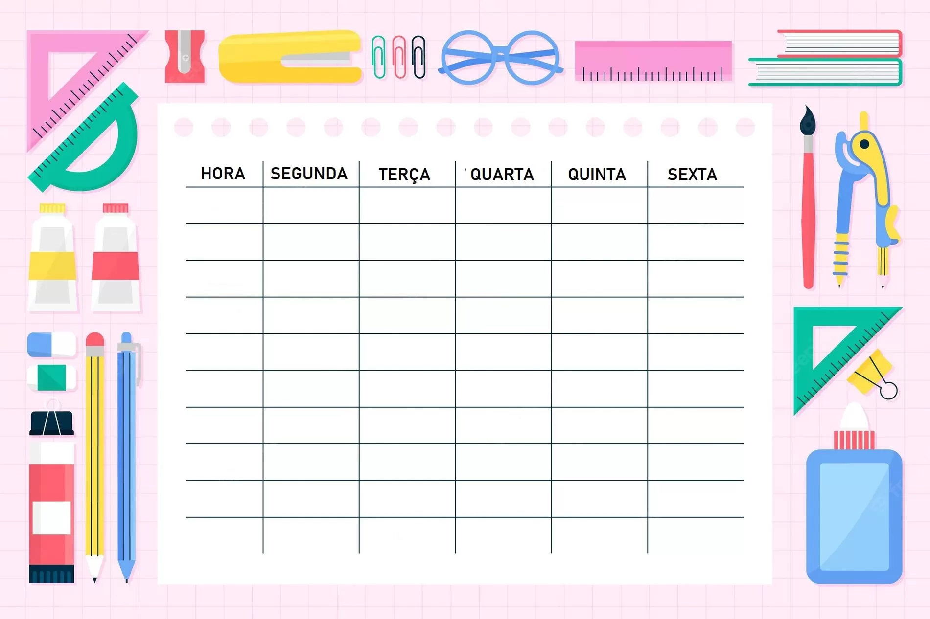 Horário de Aulas para imprimir Planilha de Aulas Planilha de Horário de Aulas para imprimir com fundo quadriculado rosa e materiais escolares.