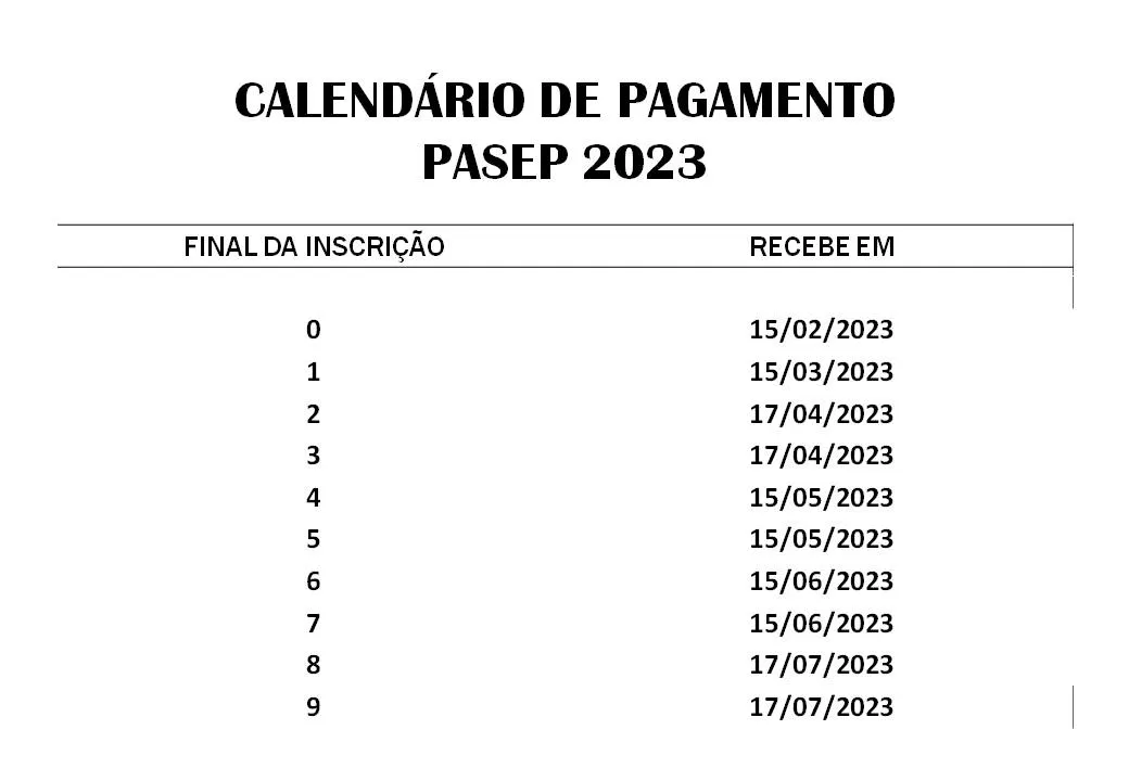 Calendário do PIS/PASEP 2023 para imprimir Calendário do PASEP