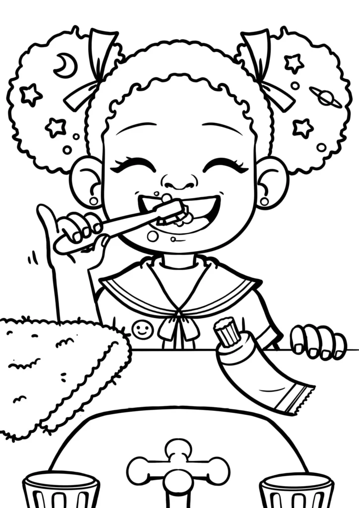 Menina sorrindo enquanto escova os dentes: desenho para colorir sobre higiene bucal.