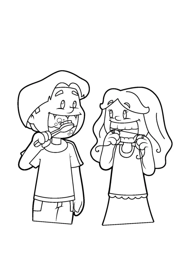 Menino e menina sorrindo enquanto praticam higiene bucal: escovando os dentes e usando fio dental.