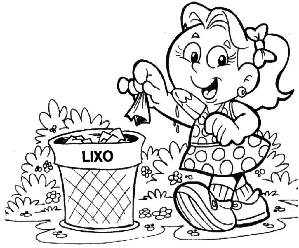 Garotinha jogando lixo na lixeira: Desenho para colorir sobre hábitos de higiene.