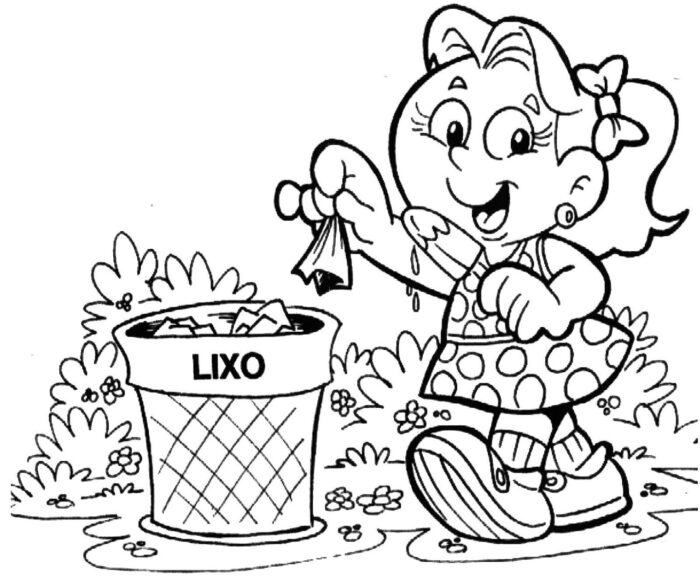 Garotinha jogando lixo na lixeira: Desenho para colorir sobre hábitos de higiene.