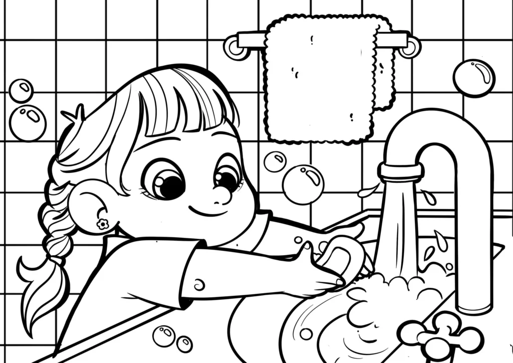 Menina lavando as mãos no banheiro: desenho para colorir sobre higiene pessoal.