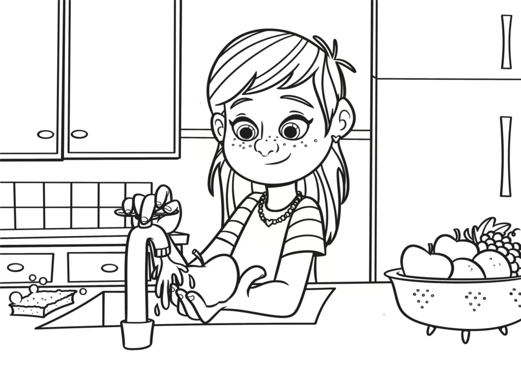 Menina lava frutas na cozinha: desenho para colorir sobre higiene alimentar.