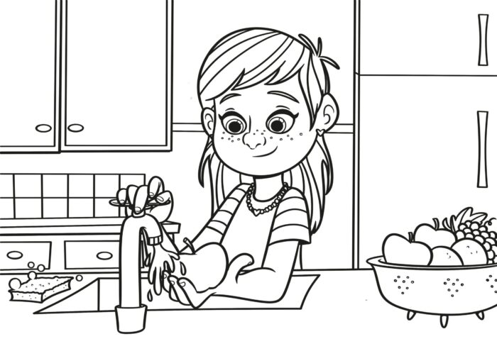 Menina lava frutas na cozinha: desenho para colorir sobre higiene alimentar.