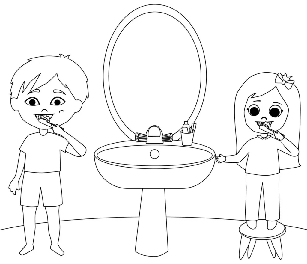 Crianças escovando os dentes no banheiro: desenho para colorir sobre higiene bucal.