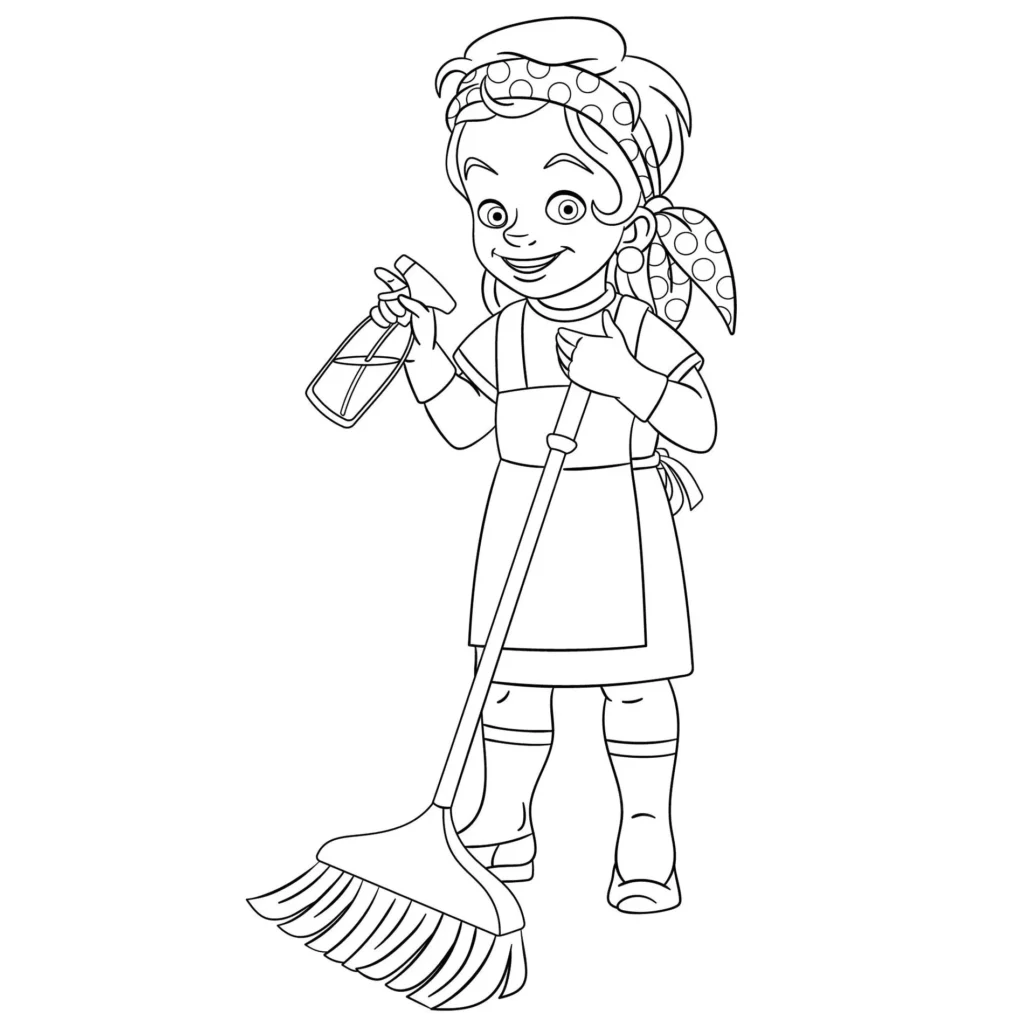 Garota limpando a casa: desenho para colorir sobre hábitos de higiene.
