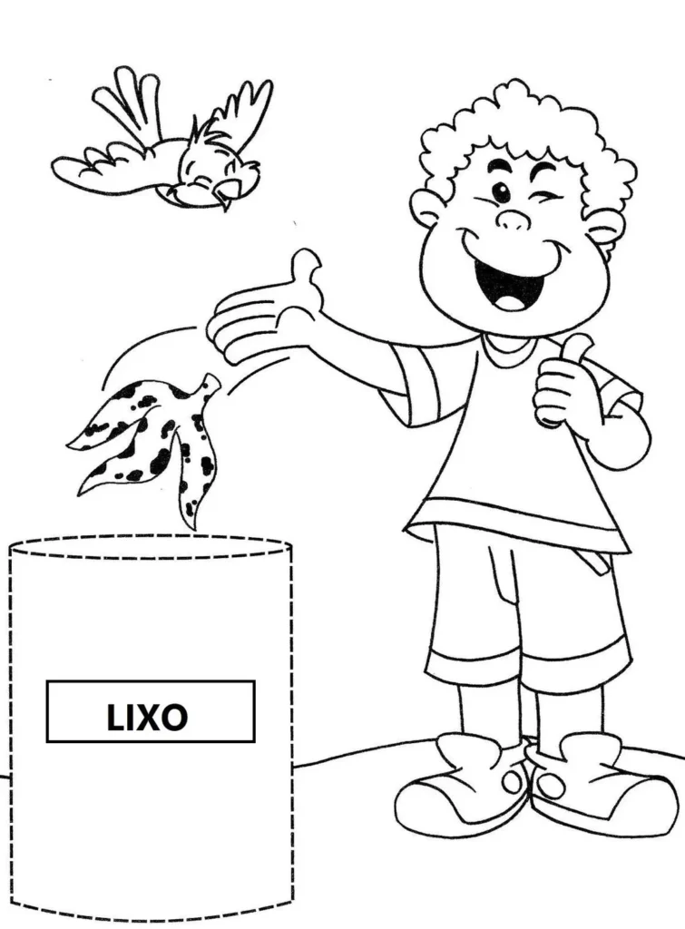 Garoto sorrindo joga lixo na lixeira: desenho para colorir sobre higiene e limpeza
